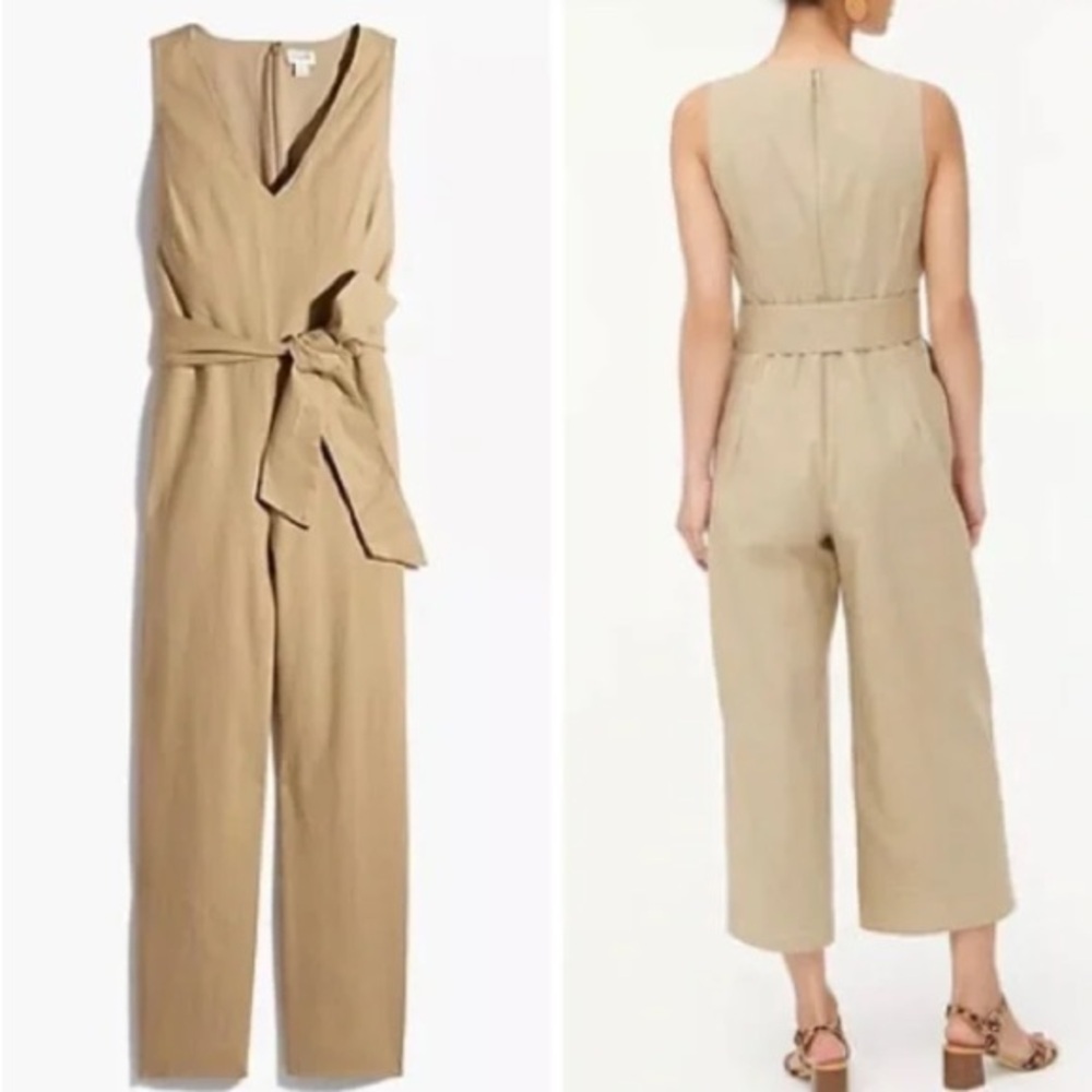 J.Crew Tan Linen Sleeveless V-neck Tie Waist Straight Wide Leg Jumpsuit 6
